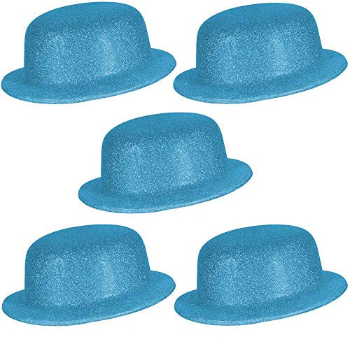Ciffre 5er Set stylische Melonenhüte mit Glitzerstaub Zylinder Melone Partyhut Disco Fasching Rund Karneval Glitzer - Türkis