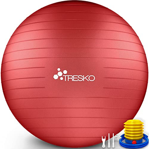 TRESKO Gymnastikball mit GRATIS Übungsposter inkl. Luftpumpe - Yogaball BPA-Frei | Sitzball Büro | Anti-Burst | 300 kg,Rot,65cm (für Körpergröße 155 - 175cm)