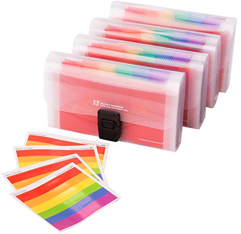 4 Pack A6 Size 13 Pockets Expanding File Folder Portable Rainbow Document Organiser Multicoloured Plastic Expandable Organizer Wallet Case with Colored Labels Index