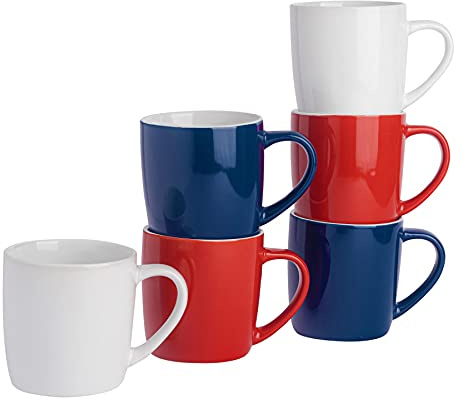 Argon Tableware Tea Coffee Mugs - 6pc Contemporary Coloured Stoneware Cups Set - 350ml - Red White Navy