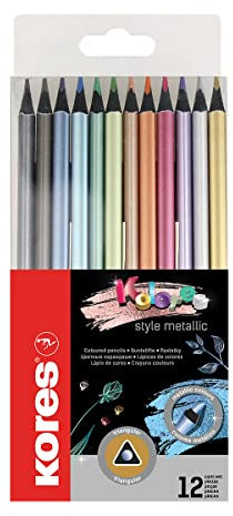 Kores - Kolores Style Metallisch: 12 schwarze Holz-Buntstifte für Kinder, Anfänger und Erwachsene, 12 Metallische Farbtöne für dunkeles und weißes Papier,