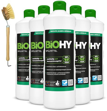 BiOHY Lavavajillas a mano (6 botellas de 1 litro) + Bomba dispensadora | Libre de fosfatos | libre de químicos dañinos y biodegradables | Adecuado para la restauración y el hogar (Spülmittel)