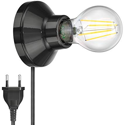 ledscom.de Porzellan Wand-Leuchte Elektra rund Stecker Schalter schwarz 90mm + E27 LED Lampe weiß 3-Stufen Dimmen: max. 1020lm