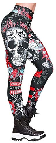 Yowablo Leggings Damen Kostüm Art- und Weiseschädel gedruckte dünne dünne Yoga-Gamaschen-Hosen der hohen Taille (M,2Rot)