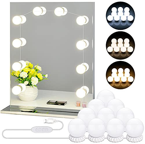 LED Vanity Mirror Lights with 10 Dimmable Bulbs 3 Color Modes, Hollywood Style Makeup Lights for Dressing Table Mirror, Bath Mirror Lamps with USB Power Cable (Mirror and Adapter not Included)