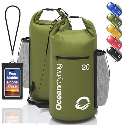 Ocean Dry Bag 20L Wasserdicht, Camo Grün - Allwetter-Langlebiges, leichtes, schwimmendes Rucksack - Marine Dry Bags für Kajakfahren, Bootfahren, Tauchen, Rafting - Gratis Handyhülle.