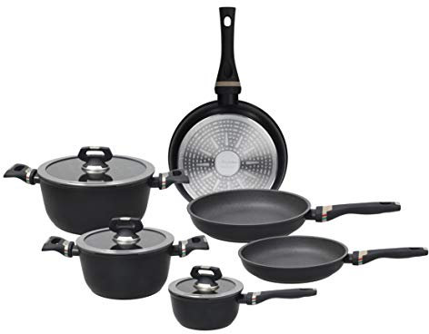Tognana Italika Premium, Batteria di pentole e padelle antiaderenti, Set con 3 padelle, 3 casseruole, 3 coperchi in vetro, 9 Pezzi, Alluminio, Nero