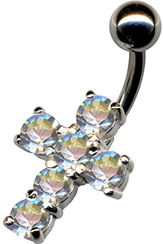 Kreuz Jesus Christus christlich Religion Bauchnabelpiercing ECHT SILBER 925er ZIRKONIA KRISTALLE Chirurgenstahl 316L Edelstahl Bananabell Bauchnabel Piercing Banane Barbell Stecker Nabelpiercing 1,6mm