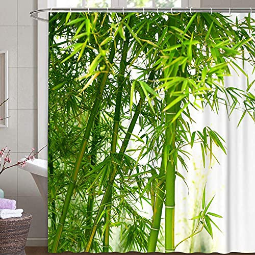 M&W DAS DESIGN Rideau de douche en textile de bambou - Vert exotique - Motif forêt d'arbre de bambou - Résistant à la moisissure - Avec 12 anneaux en C - Poids inférieur