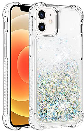 COTDINFOR Compatible with iPhone 12 Mini Case Glitter Liquid Cute Clear Phone Case Floating Quicksand Shockproof Protective Bumper Silicone Soft TPU Case for iPhone 12 Mini 5.4 Inch Love Sliver YB