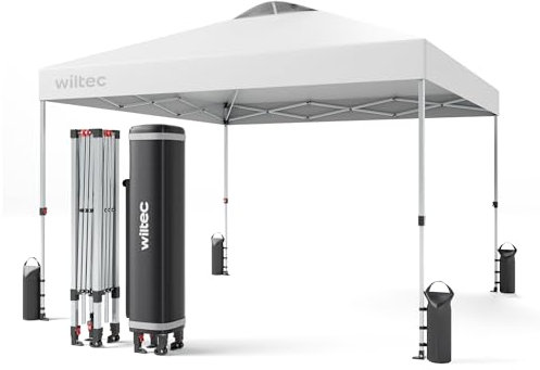 Wiltec Pavillon Pop-up Tonnelle de Jardin Pliante – 3 x 3 x 2,79 m – Couleur Blanche – avec Roues, Fermeture One Push, Cadre Robuste et Sac – Tente Gazebo de Fête Festivités Camping Réception