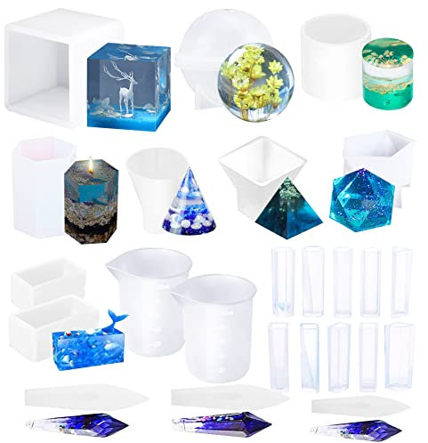 Woohome 24 Pz Silicone Moules Bijoux Résine, Pyramide Sphère Moules en Résine de Silicone Pendentifs Cristal Cône Cylindre Silicone Moule pour Bijoux pour La Fabrication de Bijoux
