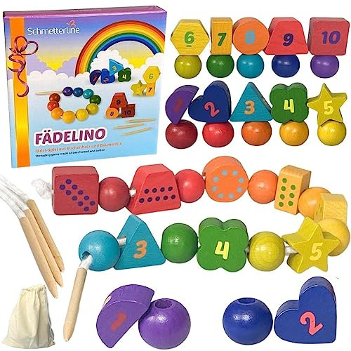 SCHMETTERLINE® Fädelspiel aus Holz – Montessori Auffädel-Spiel mit 20 großen Holzperlen und 4 Kordeln – Motorik-Spielzeug zum Auffädeln von Perlen für Kinder ab 3 Jahren – Perlen-Fädelspiel Auffädeln