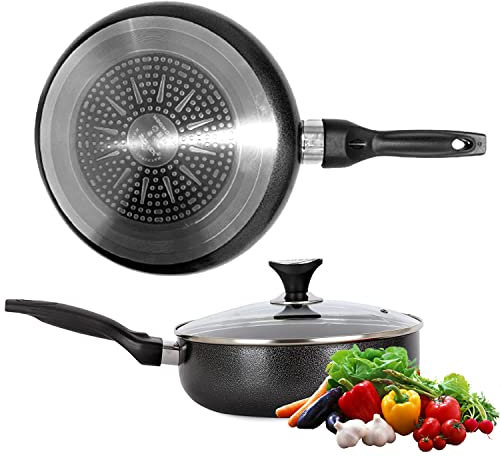 Milosc Antihaftbeschichtete klassische Bratpfanne mit Deckel, Induktionspfanne mit Griffen, Premium-Qualität, kompatibel mit Gas- und Elektroherd, leicht zu reinigen (28 cm)