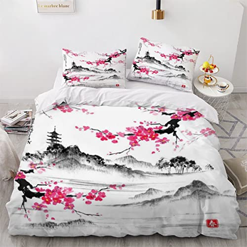 Woowin Parure De Lit 200x200 Japon 2 Personnes 3D Motif Fleurs De Cerisier Housse de Couette Douce Microfibre avec Fermeture Éclair Literie 3 pièces Enfant Garcon 2 Taies d'oreiller 50x75cm