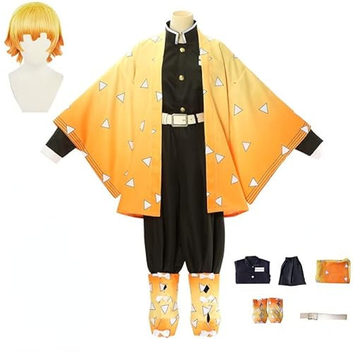 Anime Dämon Slayer Kimetsu keine Yaiba Agatsuma Zenitsu Cosplay Kostüm Frauen Kimono Uniform Halloween Weihnachten Party kleidung (Agatsuma Zenitsu Perücke,S)