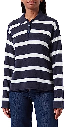 Tommy Hilfiger Women's Polo Shirt Long Sleeve Soft Wool Basic, Multicolor (Breton STP/Desert Sky/Ecru), L
