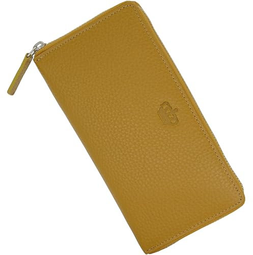 Baur Damen Geldbörse Echt Leder Geldtasche | Geldbeutel mit RFID Schutz | Großes Portemonnaie viele Kartenfächer | Wallet mit Rundum-Reißverschluss | Portmonee | Damen-Geldbörsen (Senf-Gelb)