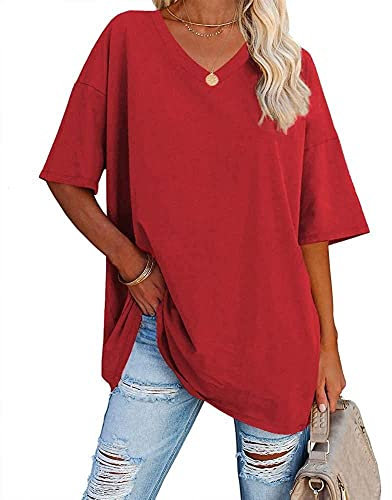 Famulily Oversized Tshirt Women's V Neck Simple Half Sleeve Baseball Tee Shirt Tops Red XXL