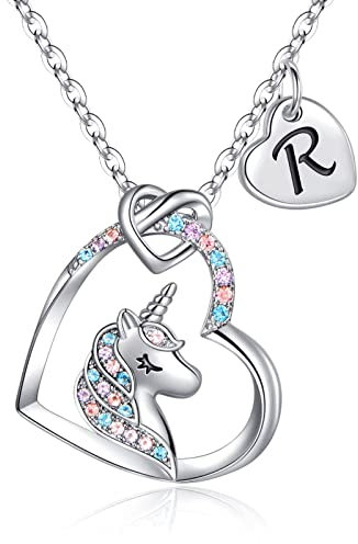 TINGN Einhorn Geschenke für Mädchen, 14 Karat Weißgold Vergoldet Einhorn Initiale R Halskette Mädchen Herz Anhänger CZ Einhorn Buchstaben Kette für Mädchen Einhörner Geburtstag Geschenke für Mädchen