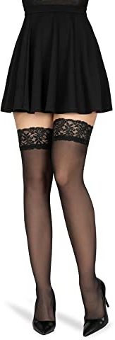 NOQ Bas autoportants pour femme Cuisse haute 15 deniers Style élégant Lingerie Femme Dentelle Bout invisible Transparent seconde peau Nicole