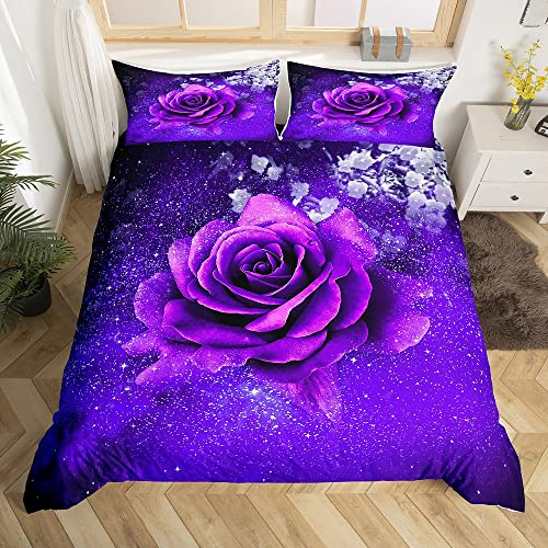 Purple Rose Bettwäsche für Doppelbett, Galaxie, Blumenmuster, Mädchen, Blüte, Rose, Bettbezug-Set für Damen, Frauen, Teenager, Blumenmuster, romantisch, Digitaldruck, luxuriös, mit 2 Kissenbezügen