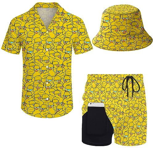 ifamawlea Herren 2-teilige Outfits Tropische Blätter Hawaii-Hemd und Shorts, Badeente Sonnenbrille, Large