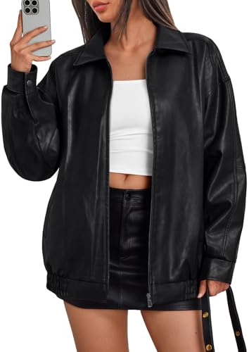Trendy Queen Womens Leather Jacket, Oversized Going Out & Everyday Statement Piece, Bomber Jacktes Moto Coat Black XS
