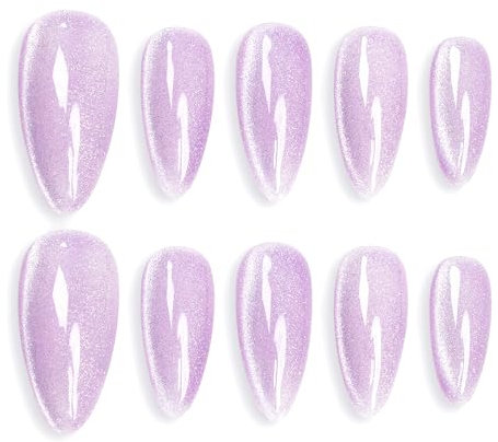 Sun&Beam Nails Handmade Press-on Medium Long Almond Lavender Purple Cat Eye Design Charming False Nail Tips 10 Pcs (#120 XS)