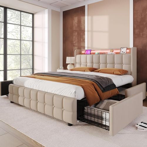 KOMHTOM Lit Double Rembourré Lit LED avec Tête de Lit Cadre de Lit Plateforme avec 4 Tiroirs de Rangement Sommier à Lattes en Bois(sans Matelas) (Beige, 160x200CM)