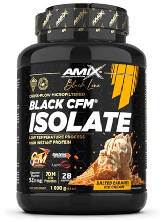 Amix | BLACK CFM ISOLATE Protein - Hilft bei der Erhaltung der Muskelmasse - Mit Verdauungsenzymen - Leichte Verdauung - Schnelle Absorption - Proteinpulver - 1 kg - Karamell-Salzgeschmack