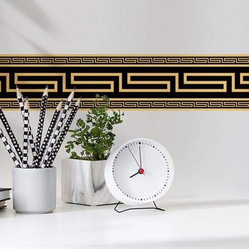 funlife 10M Black Gold Greek Key Pattern Wallpaper Border Peel and Stick, Vintage Decorative Wall Borders Trim Molding Peel and Stick Bedroom Living Room Home Decor, PVC Greca