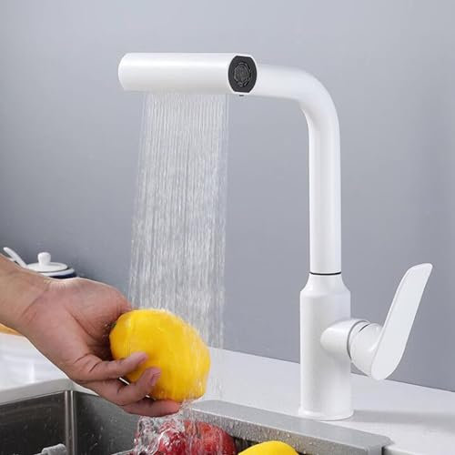 Robinet Cuisine avec Douchette Extractible, Mitigeur Cuisine Inox Robinet D'Évier Télescopique Pivotant Robinetterie de Cuisine-Blanc