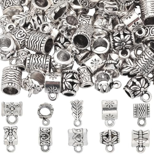 SUNNYCLUE 1 Box Mit 100 Stück Silber Bügel Perlen Bulk Bügel Abstandsperlen Charms Antike Tibetische Röhrenbügel Europäische Aufhänger Verbindungsstücke Abstandshalter Perlen Für Die Schmuckherstellun