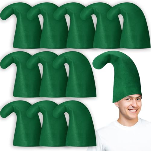 SATINIOR 12 Stück Karneval Zwergenmützen Elf Wichtel Filzhut Wichtelmützen Schlumpf Mütze für Erwachsene Weihnachten Kostüm Zwerge Kopfbedeckung Kostüm Party Zubehör (Grün)