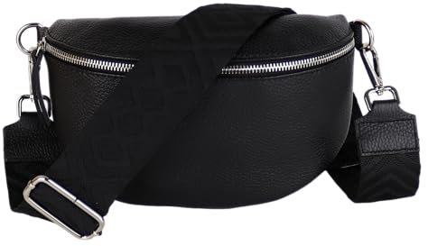 MIRROSI® Bauchtasche Damen, Echtleder, Made in Italy, Umhängetasche, Brusttasche, Crossbody Bag (1 Tasche & 2 Gurte) (Schwarz (Fischgerät), Große Tasche (28x18x9cm))