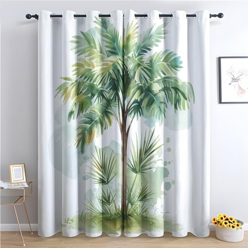 Rideau Occultant Tropical - Rideau Thermique Motif Palmier, Rideaux Chambre Salon Fenetre, Lot de 2 Rideaux et Draperies Intérieurs à Oeillets, 75x166 cm (LxH) G-#163