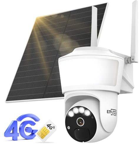 ENSTER Telecamera con SIM 4G da Esterna | Telecamera Non WiFi | 360° PTZ Telecamere Senza Fili con Pannello Solare Batterie, IP66 Tracciamento Umano Visione Notturna a Colori, Audio Bidirezionale