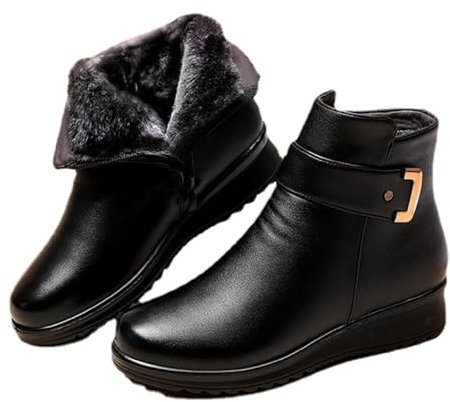 Stivali da donna con fibbia in metallo, foderati in pelliccia, stivaletti invernali da esterno, con plateau, scarpe da mamma anziana, Nero , 35