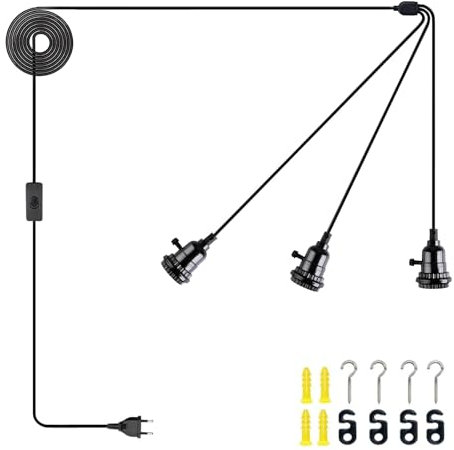 JZCDR Suspension Luminaire avec Prise Noire 3 Lampe Câble de 4,5 m Lustre Corde E27 douille Lampe Suspendue avec Prise Interrupteur Vintage pour Chambre Salon Cuisine Manger Loft (Pas d'ampoules)