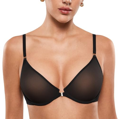 INLYRIC Women's Cosnufy Sheer Front Fastening Bra Demi Sexy Seamless Unlined Mesh Underwire Bra Black 40B