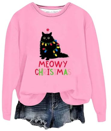 Damen-Pullover, Sweatshirts, bequeme Oberteile, weiche Passform, modisch, lässig, weihnachtlich, bedruckt, Rundhalsausschnitt, Hoodless, Sweatshirt, Weihnachten, lange Kleider für Damen, rose, S