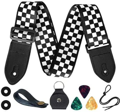 VIRAHYEM Guitar Strap,Leather Ends Guitar Shoulder Strap,Acoustic Guitar Strap,Nylon Personalised Checkerboard Guitar Straps for Acoustic,Classical,Electric,Bass Guitars,Gifts for Guitarists (Black)