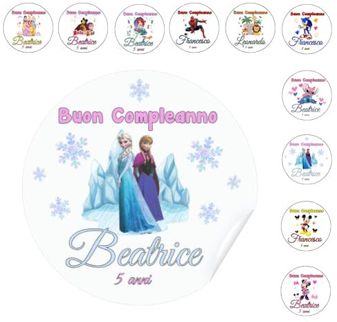 50 Etichette Tag adesivi Personalizzati Chiudipacco Sacchetti Compleanno Bambini Dopofesta Catoni Bomboniere Scatoline Portaconfetti dopo Festa (Frozen)