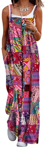 YESNO Women's Ladies Dungarees Summer Boho Floral Printed Overalls Cotton Baggy Jumpsuits with Pockets M PZZCRUK P002R