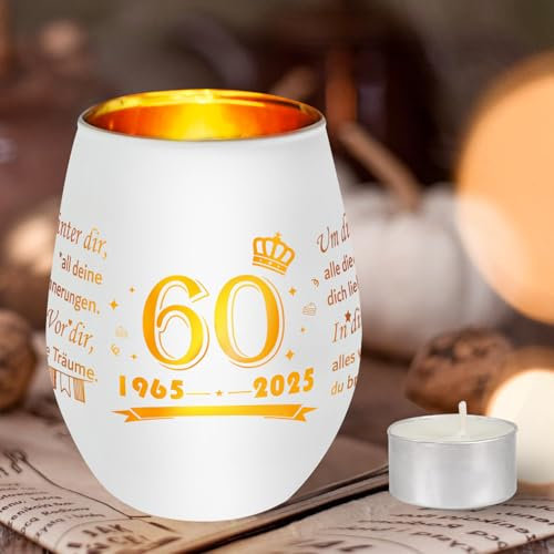 Seutgjie 60. Geburtstagsgeschenk für Frauen Freundin Schwester Kollegen Mama 1965 bis 2025 Windlicht aus Glas mit Gravur Teelichthalter mit Kerze Personalisierte Geschenke für Geburtstag Jahrestag