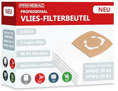 PRIMEBAG Staubsaugerbeutel 5-lagig kompatibel für Parkside PPVFT 30 A1, geeignet für Werkstattsauger PPWD 30 A1 / B2 - Besonders reißfest, 5-Lagen Vlies-Filterbeutel für Bestleistung beim Saugen