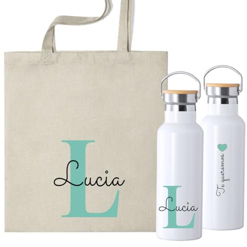 Pack Personalizado con DEDICATORIA Y NOMBRE eh Botella Térmica 500ml y Bolsa de Tela, Diseño con Inicial, Botella Personalizada, regalo profesores