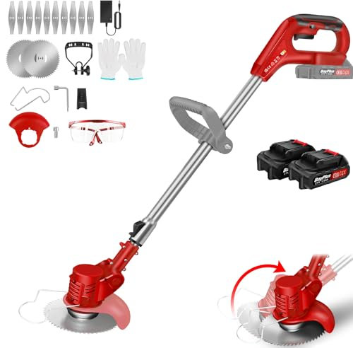 Débroussailleuse Electrique sans Fil, 21V Coupe Bordure avec 2 Batteries et Lames, Coupe Bordure sans Fil, Débroussailleuse à Batterie pour la Coupe de Jardin, Pelouses et Terres Agricoles, Rouge