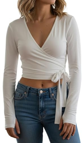 Edhomenn Wickeloberteil für Damen, langärmelig, tiefer V-Ausschnitt, schmal, enganliegend, Daumenloch, Bluse, Damen, vorn zum Binden, Kreuz-Wickeln, T-Shirt, Yoga, Ballett, Pilates, Workout